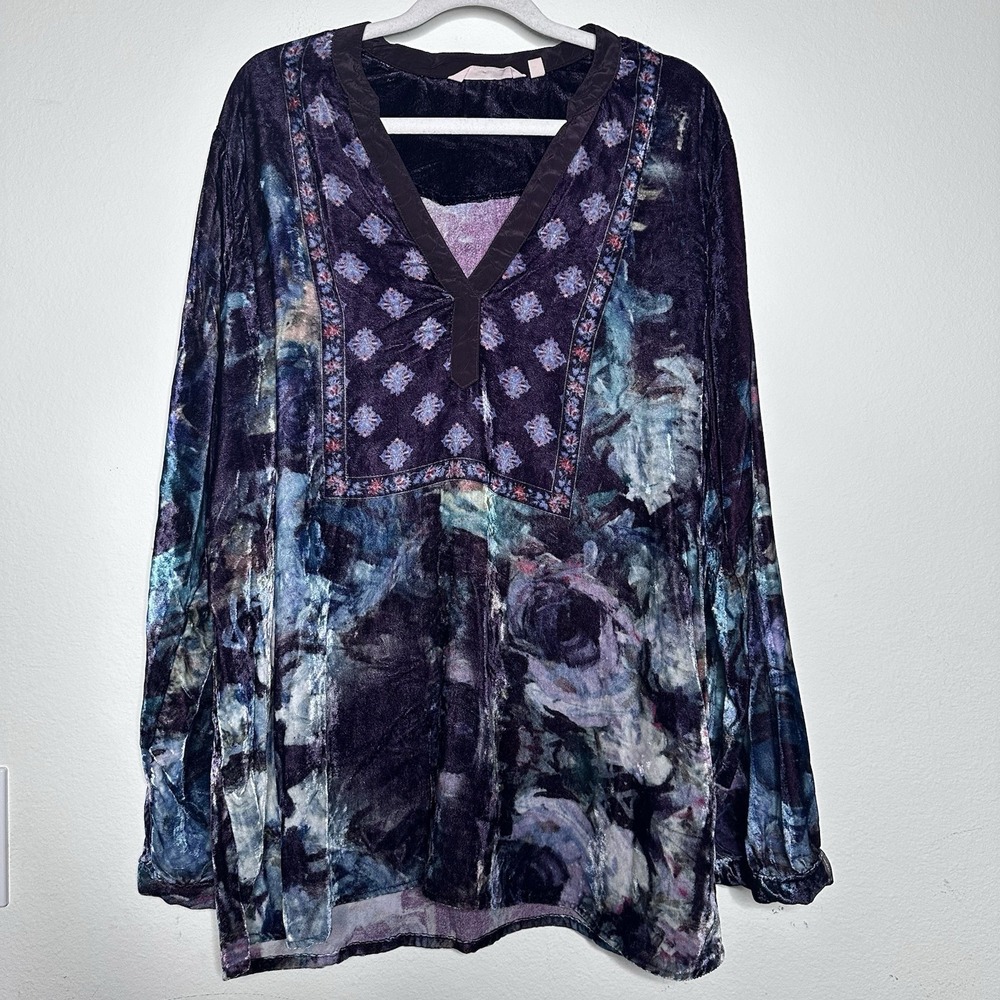 Womens Crushed Velvet Tunic Top V Neck Floral Whimsigoth Fairy Grunge Sz XL